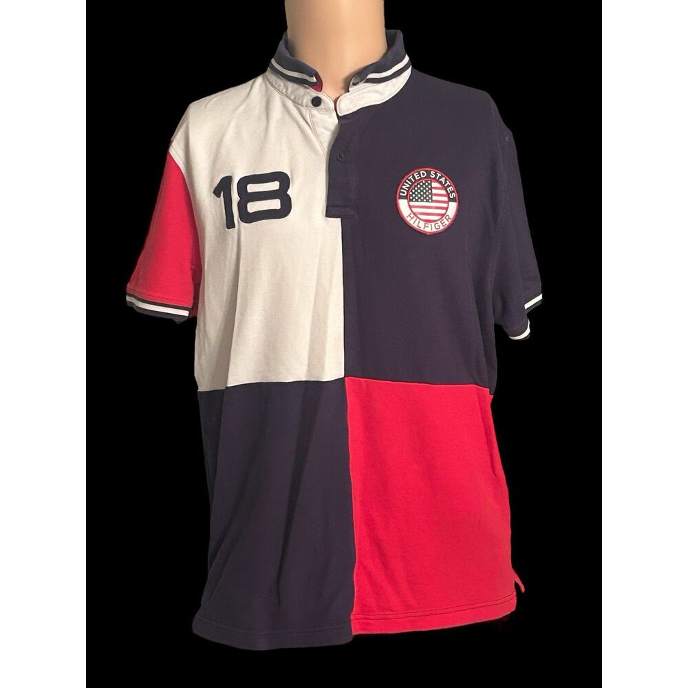 Tommy Hilfiger Men USA Crest Colorblock Mesh Polo Shirt Men's Size Large